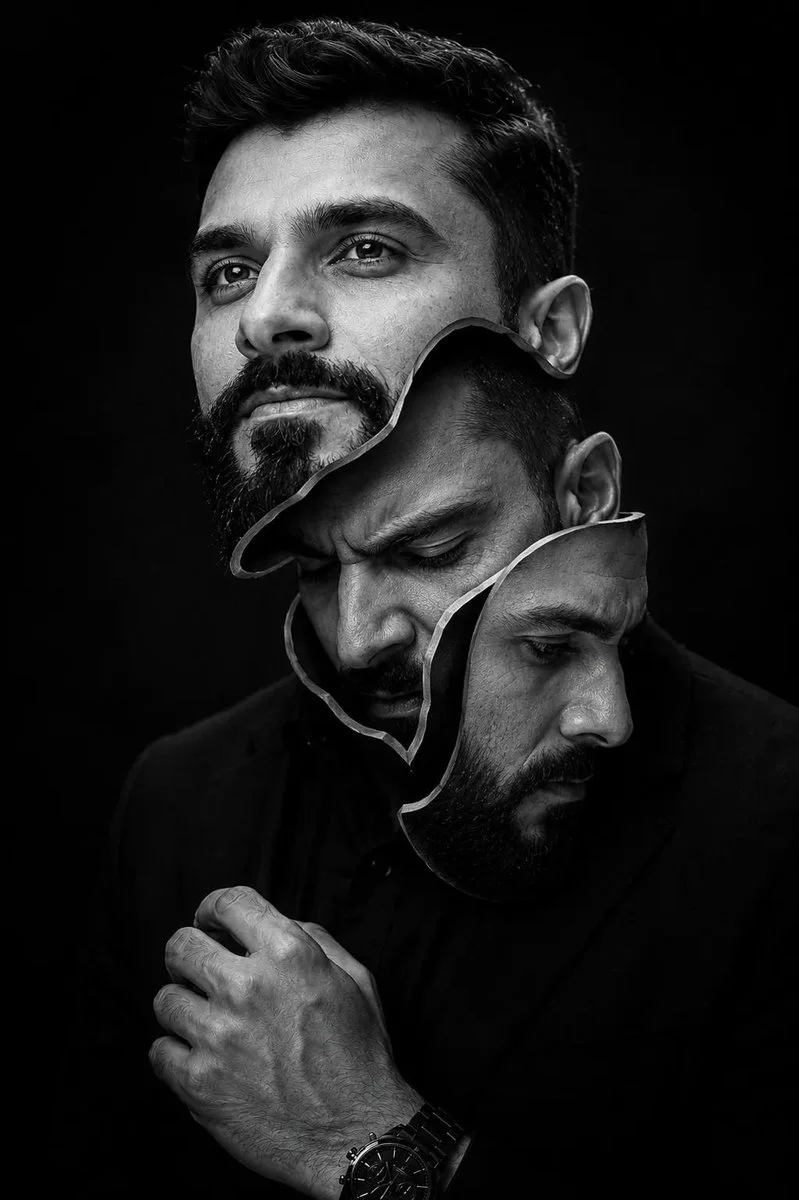A surreal black-and-white portrait reveals peeling facial layers floating apart.