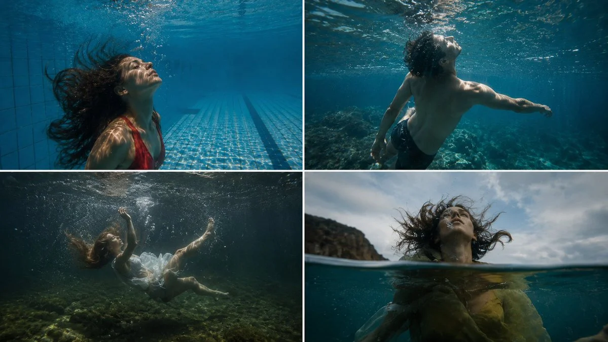 A swimmer descends through green water with hair floating upward