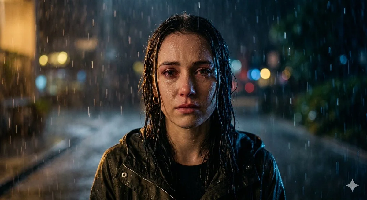 A teary-eyed woman glistens under rain and golden light.