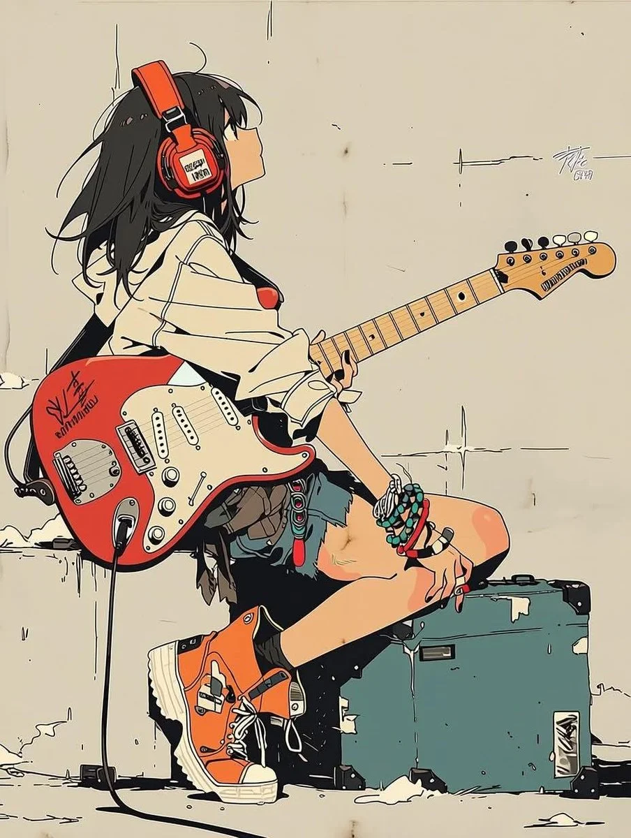 A teenage girl in a beige hoodie plays a coral Fender Stratocaster