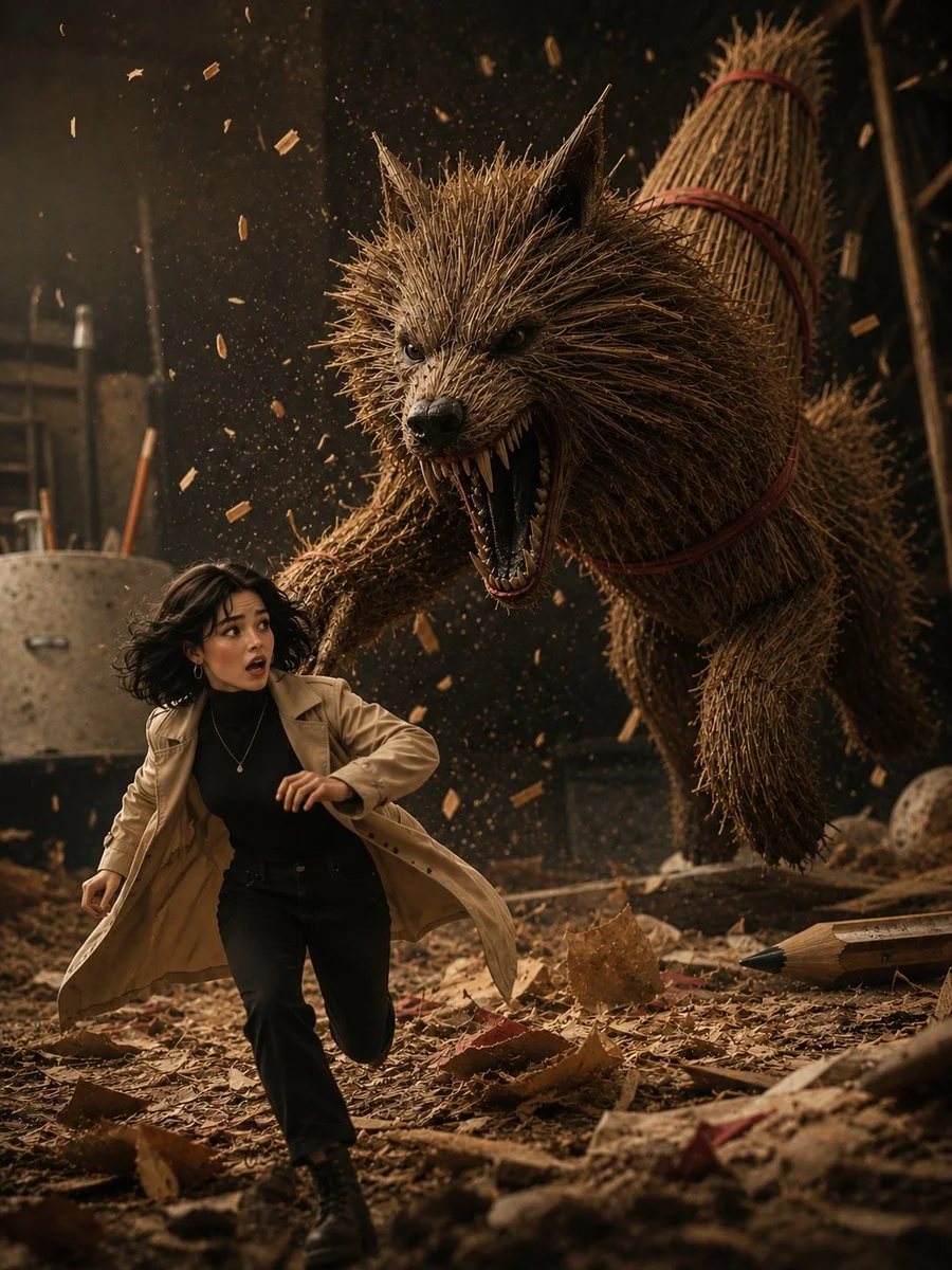 A terrified woman flees from a giant straw wolf in a dusty workshop.