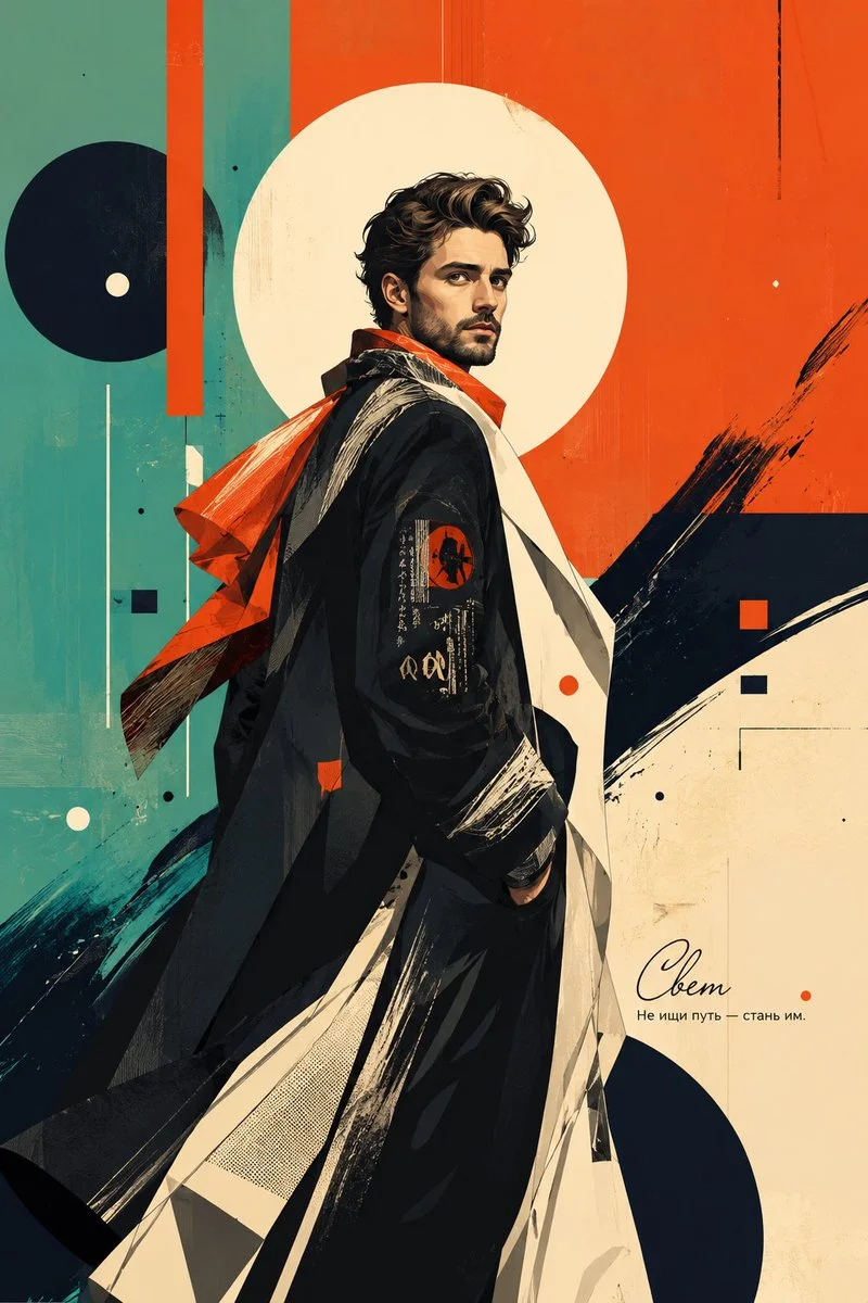 A thoughtful man in bold geometric pop art poster style