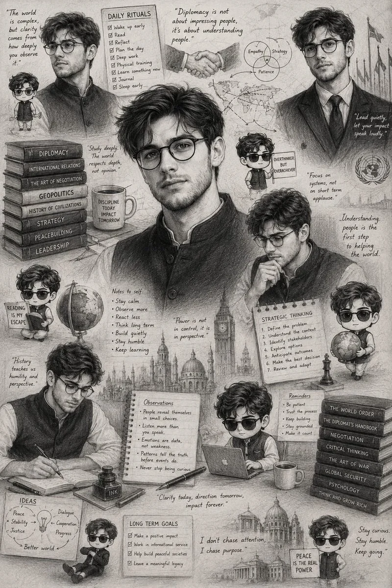 A thoughtful South Asian strategist sketches diplomatic plans in graphite