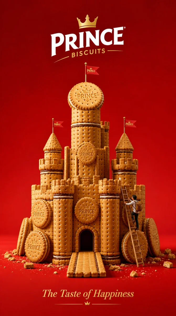 A tiny explorer climbs the golden biscuit castle walls