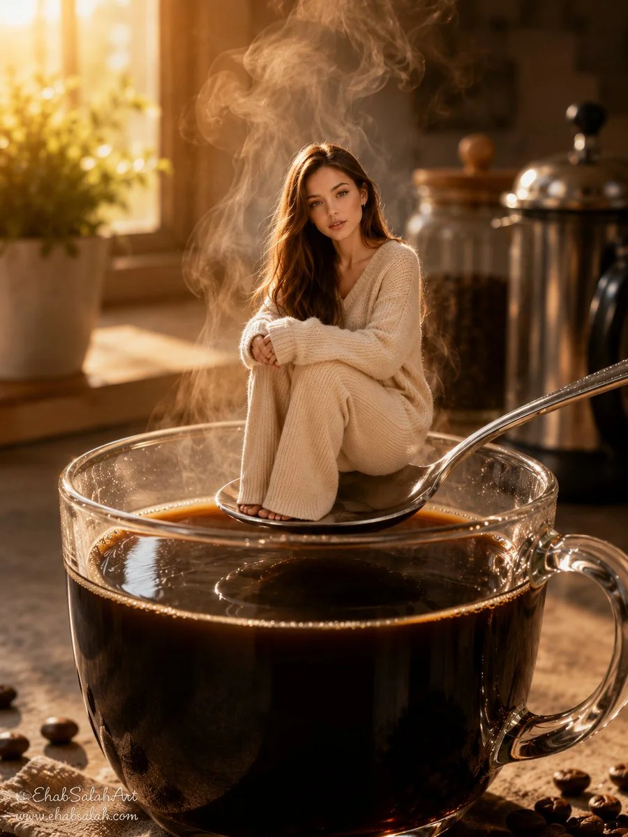 A tiny niqabi woman sits on a spoon in coffee steam.