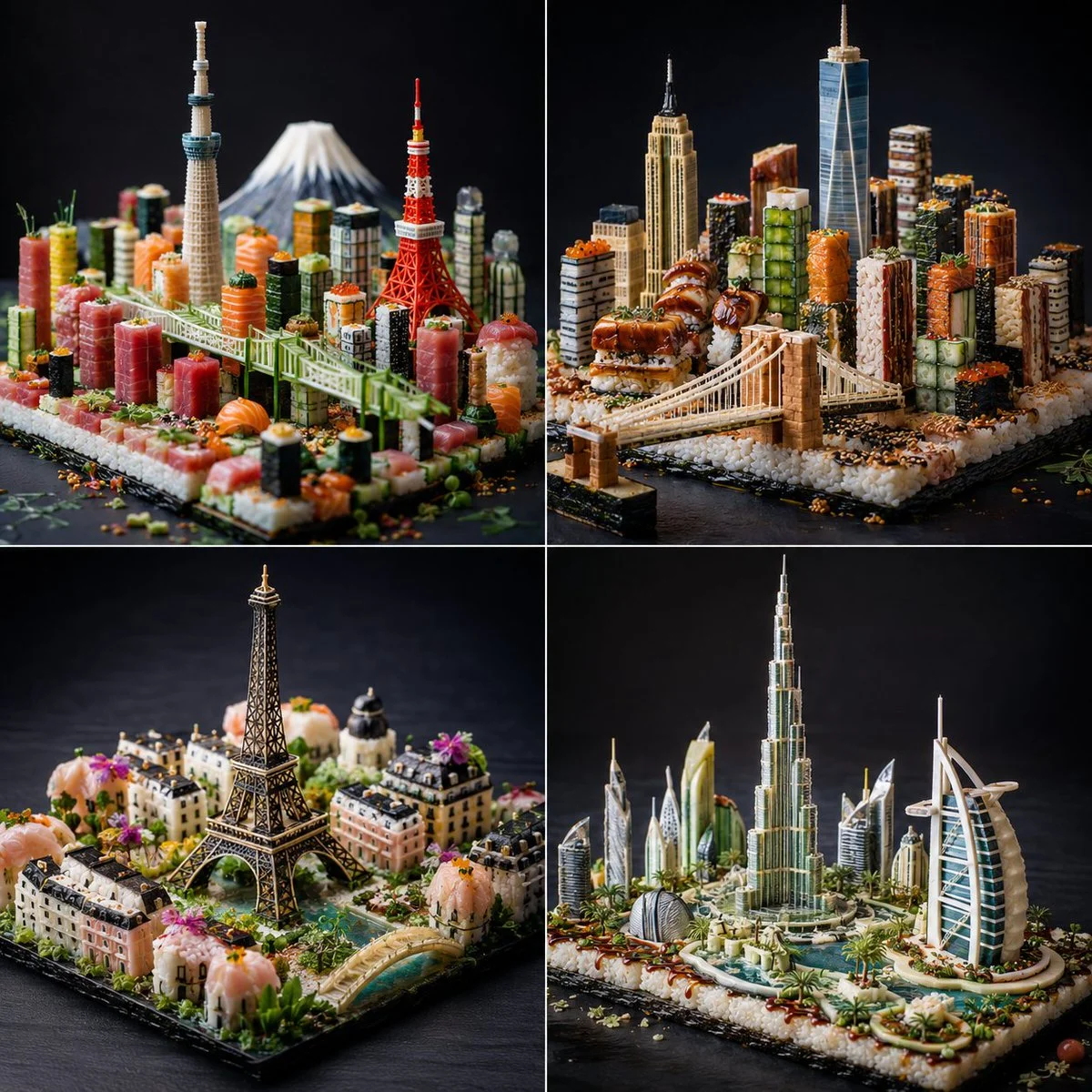 A tiny sushi metropolis rises from a dark slate tabletop