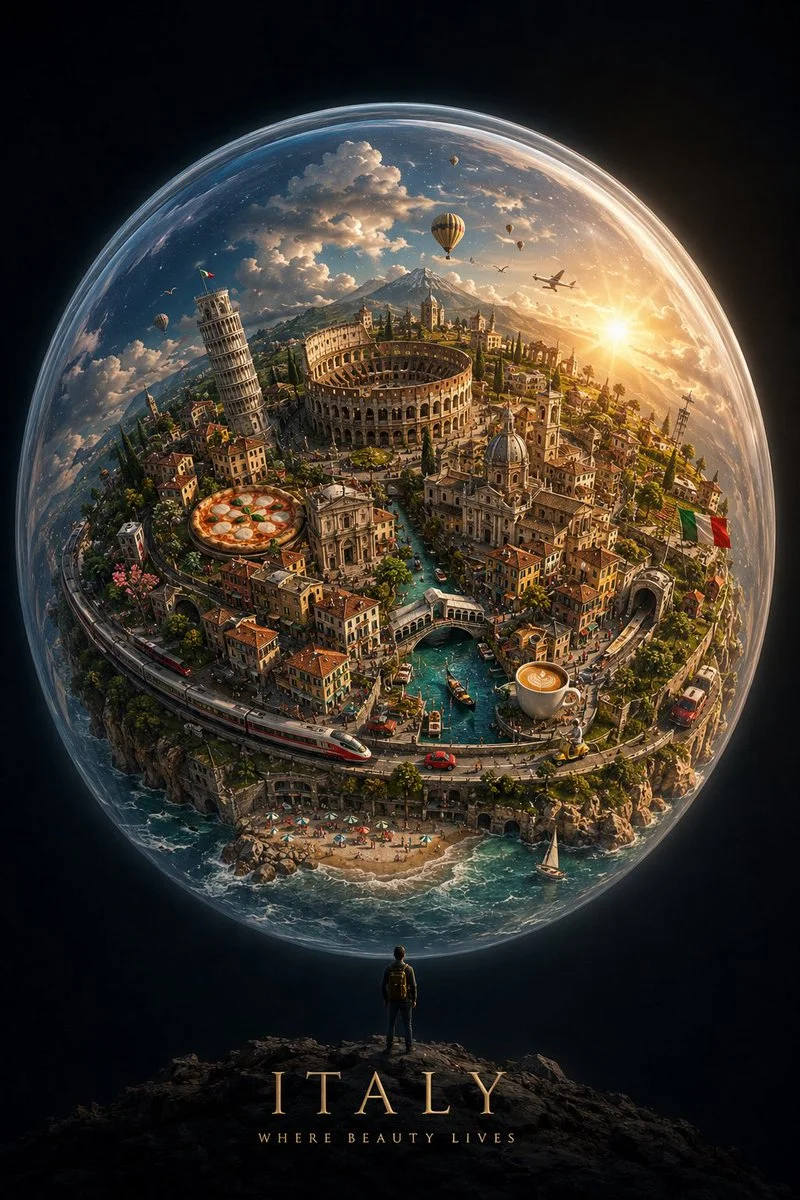 A tiny Tokyo globe floats in a dark cosmic sky