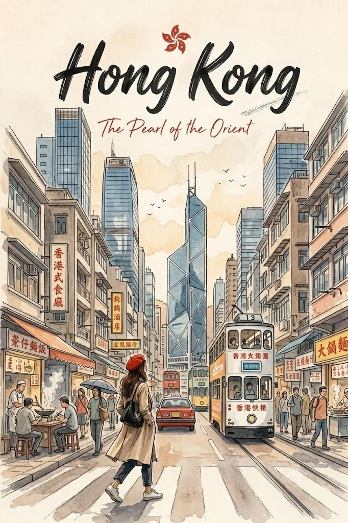 A traveler in a wide hat explores Hong Kong's bustling streets