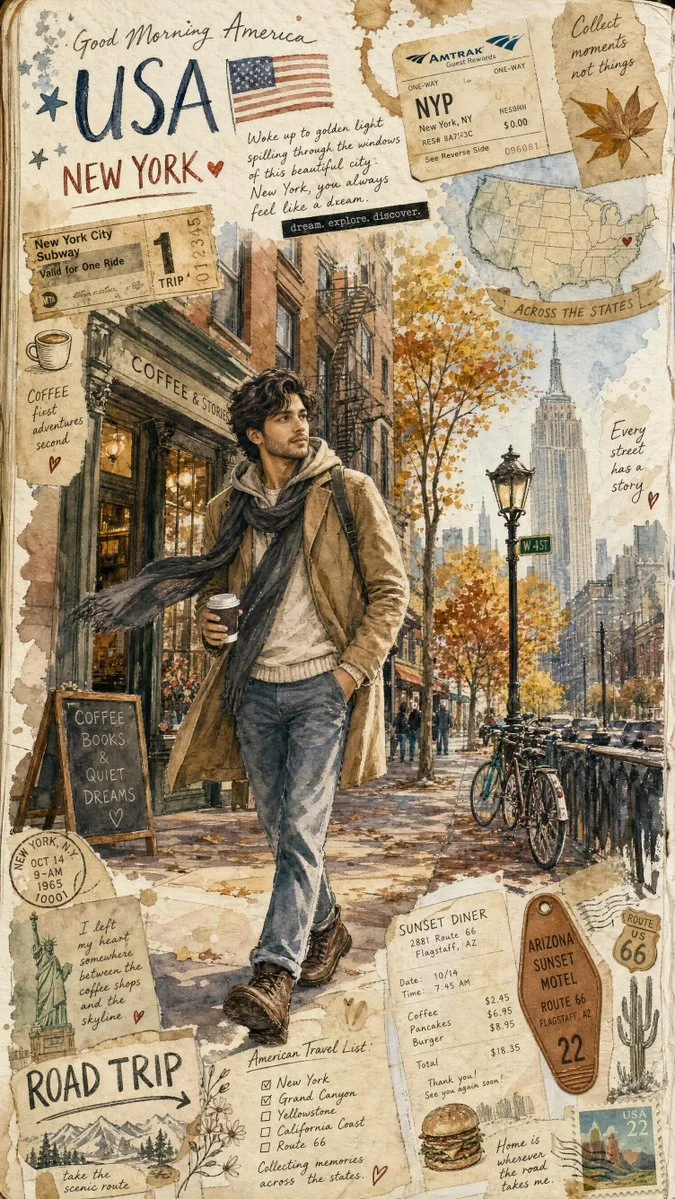 A traveler sketches journal entries beside a glowing New York café