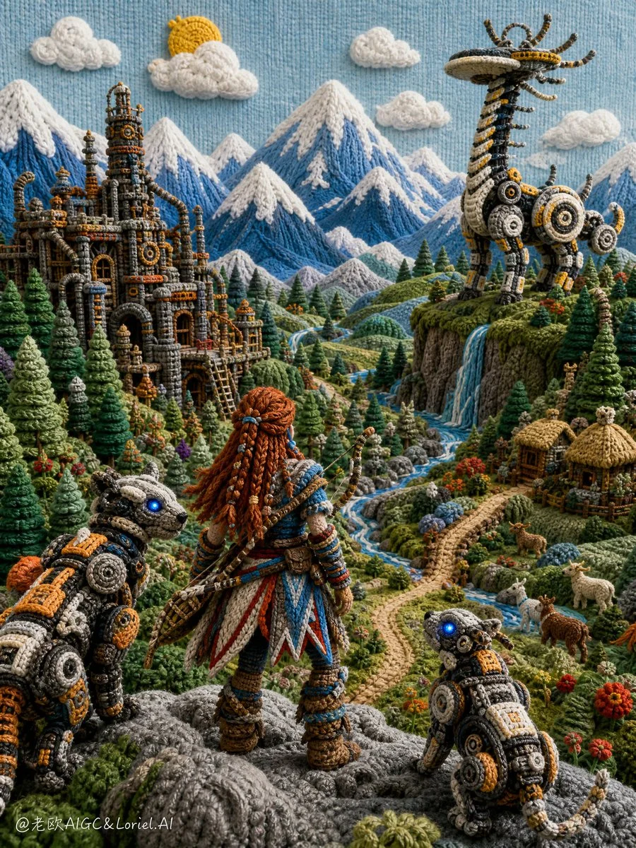 A tribal archer surveys a knitted mountain valley from a rocky perch