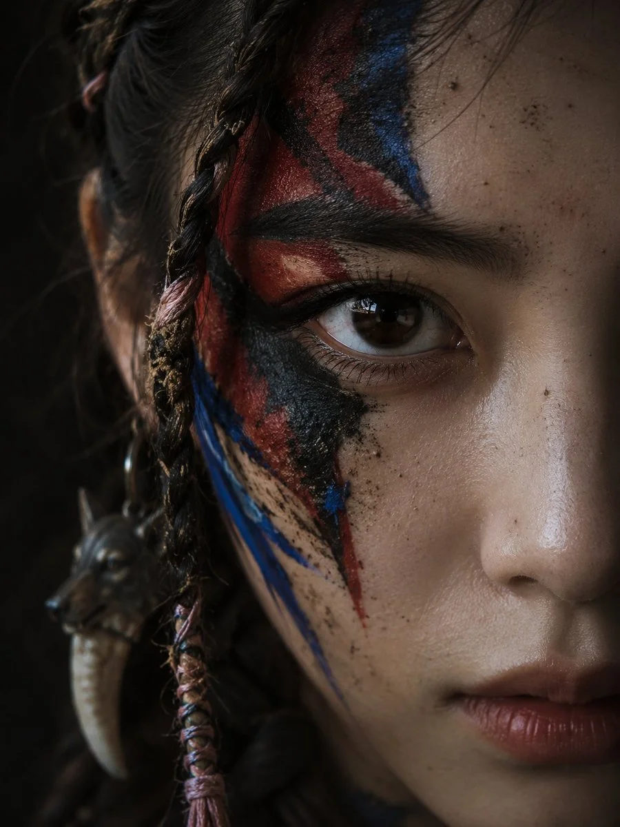 A tribal warrior's intense gaze emerges from dark shadows