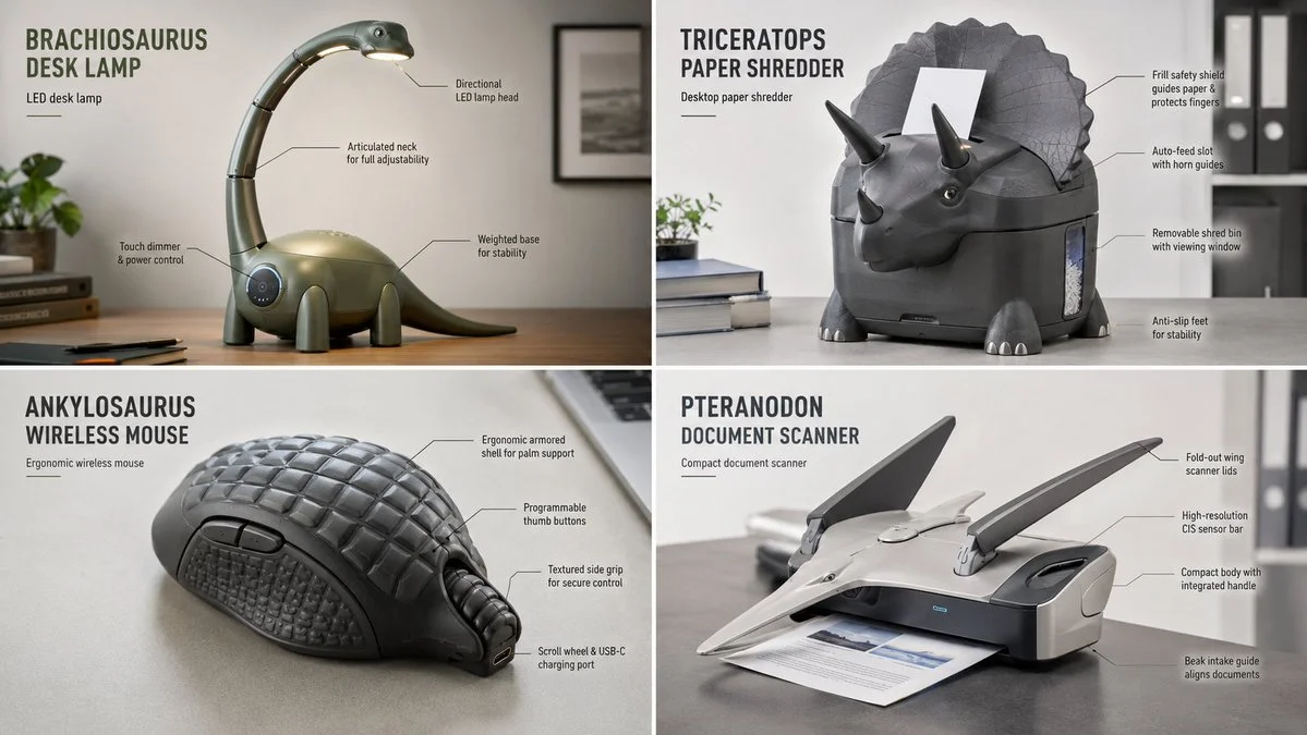 A triceratops-inspired stapler uses three horns to bind papers
