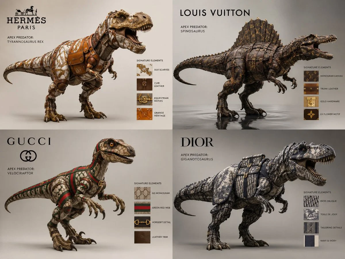 A Tyrannosaurus Rex wears a tailored Gucci tweed suit