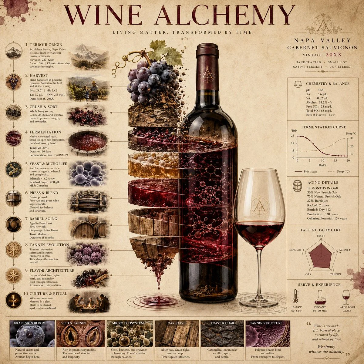 A vertical fermentation poster reveals wine as alchemical hero with layers