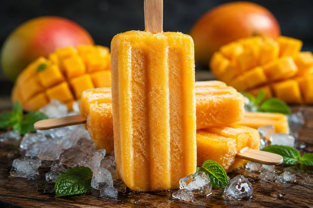 A vertical mango popsicle sparkles with frost on a dark wooden board