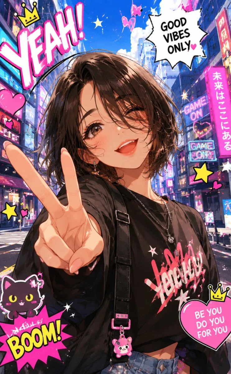 A vibrant anime city scene with neon signs and floating hearts