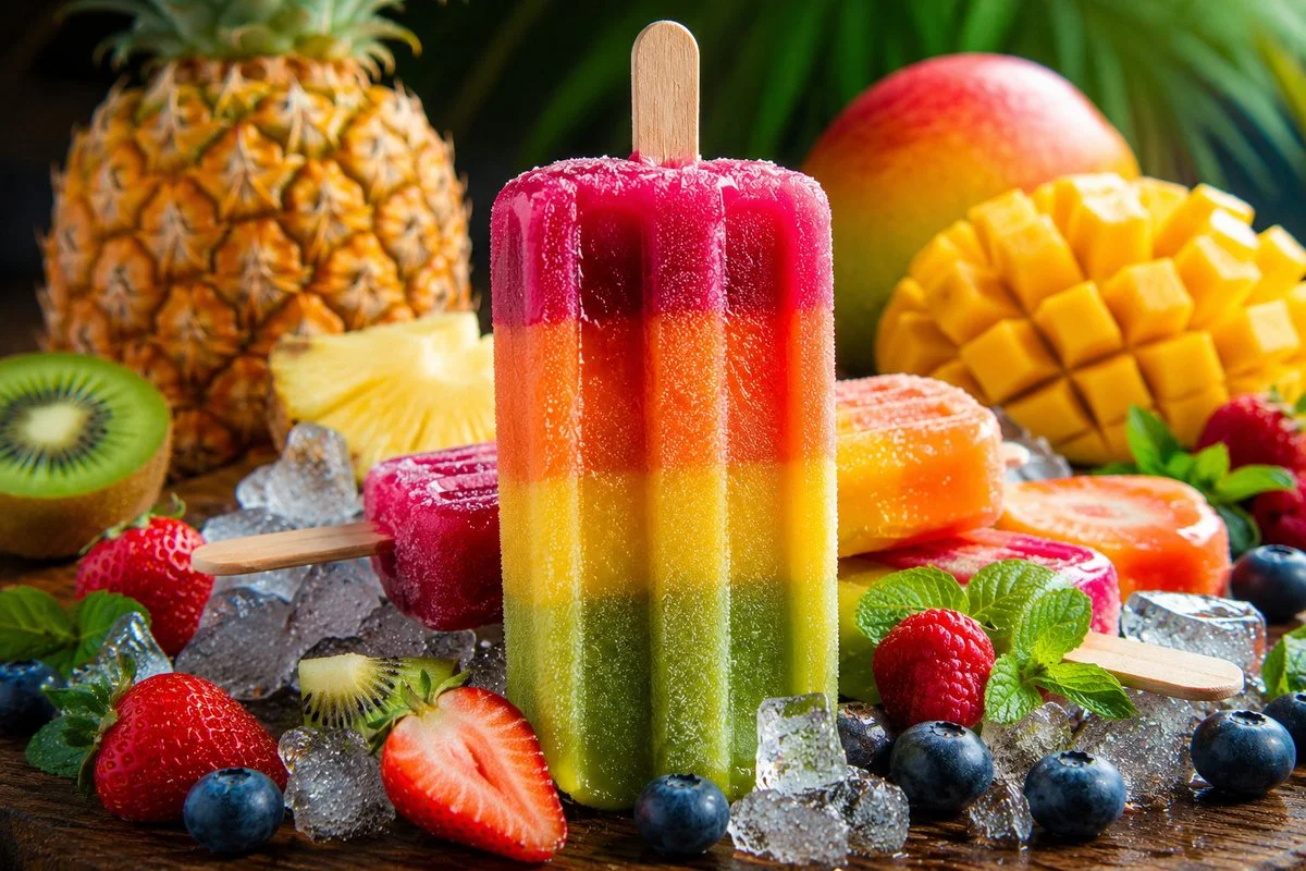 A vibrant rainbow popsicle glistens among fresh tropical fruits