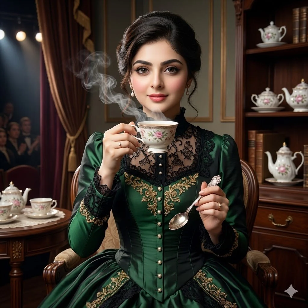 A Victorian lady in elegant attire sips steaming tea gracefully.