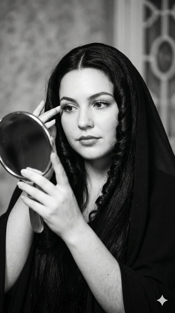 A vintage beauty wears a dark veil with thoughtful eyes