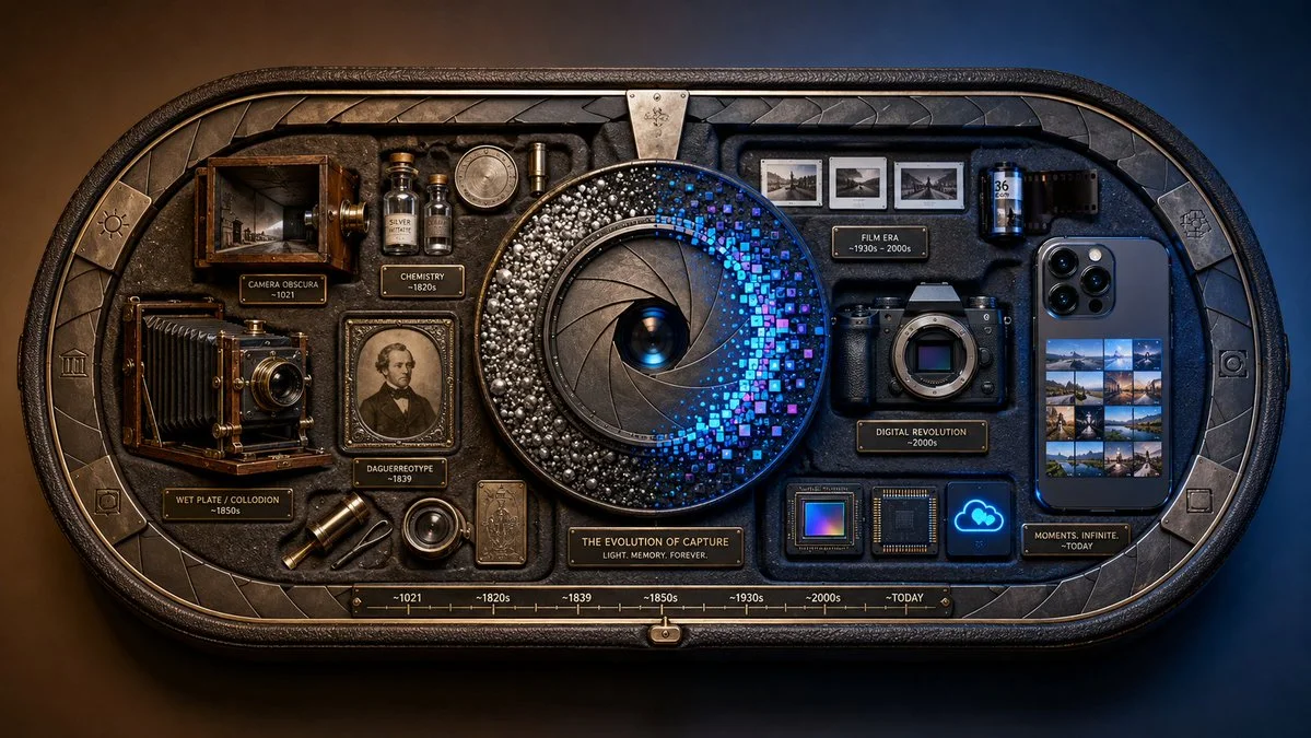 A vintage camera and smartphone flank a glowing aperture ring