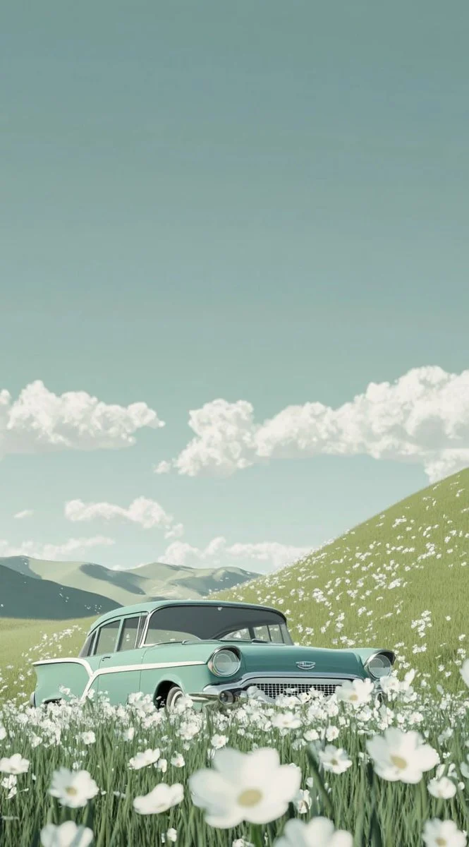 A vintage car rests on a grassy hill under soft skies
