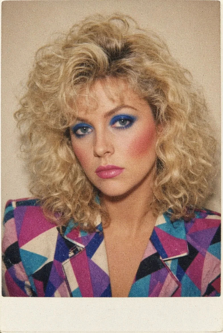 A vintage instant film portrait captures a woman with 80s permed blonde hair