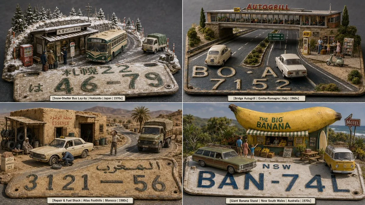 A vintage license plate becomes a miniature coastal road trip diorama