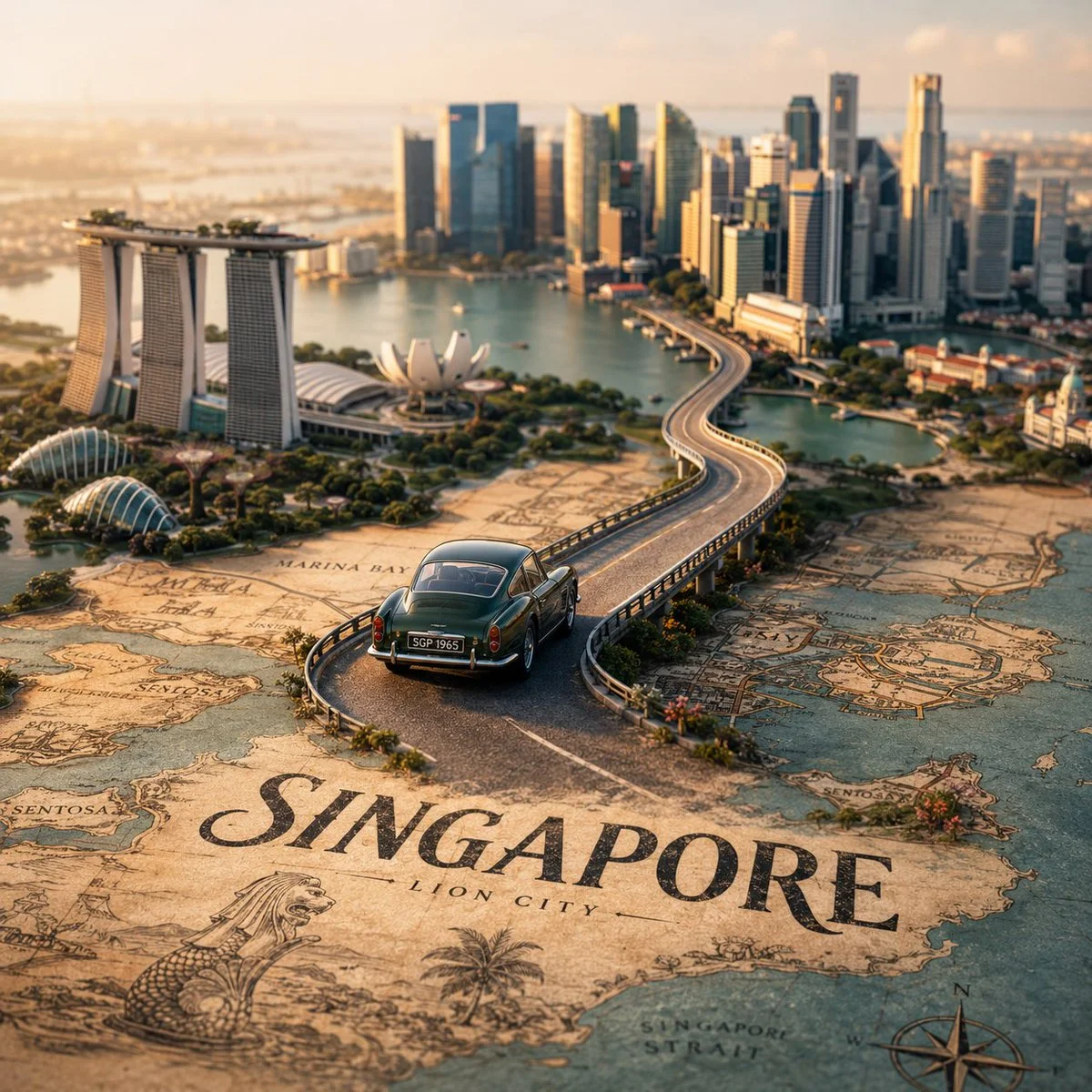 A vintage map rises into a winding road for a tiny taxi