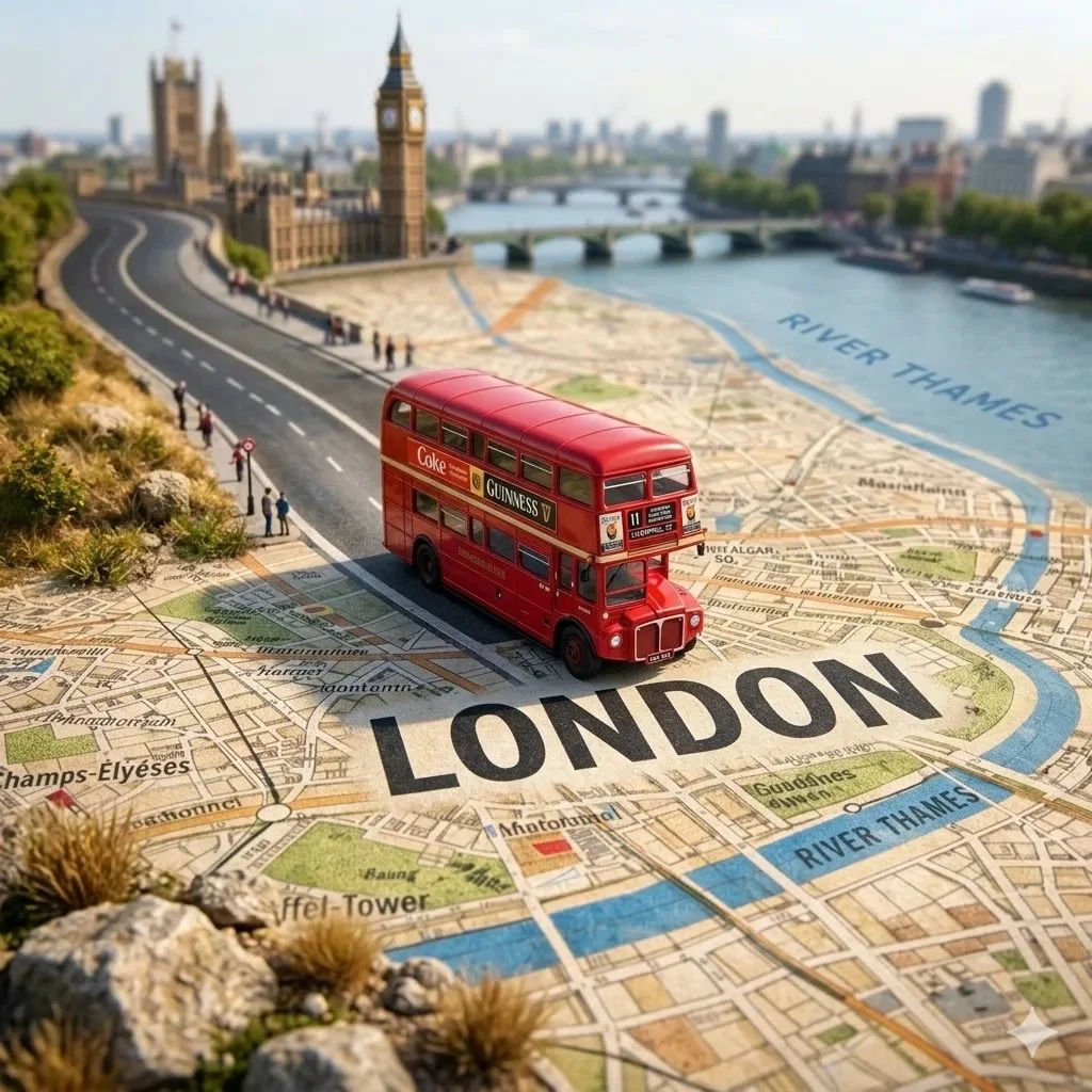 A vintage map sprouts a winding road for a tiny car