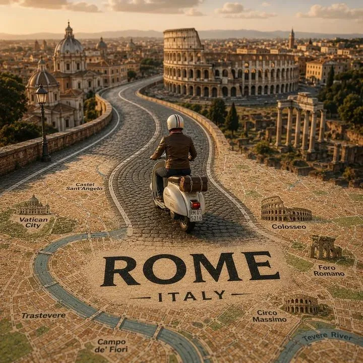 A vintage map transforms into a winding road for a tiny car