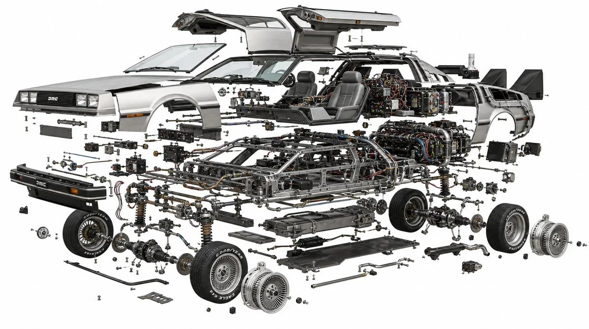 A vintage sports car floats with all parts separated neatly.