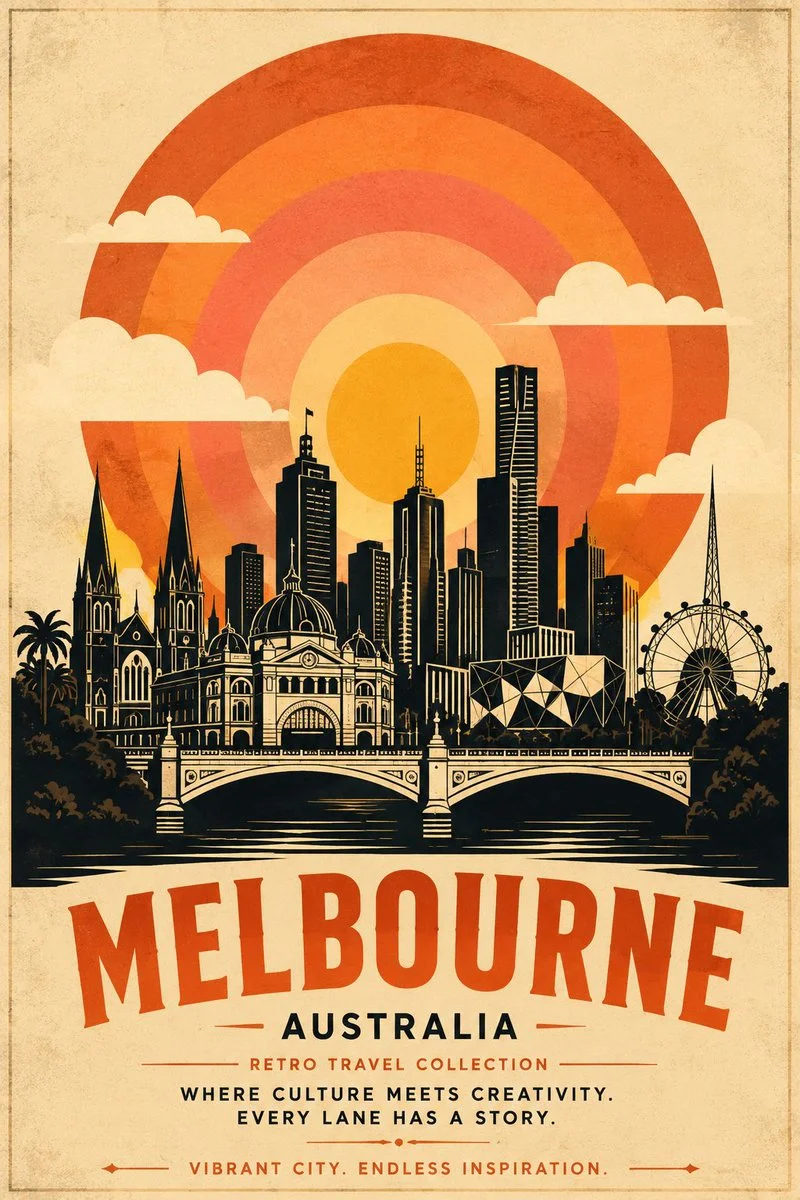 A vintage travel poster features Paris skyline with geometric sun