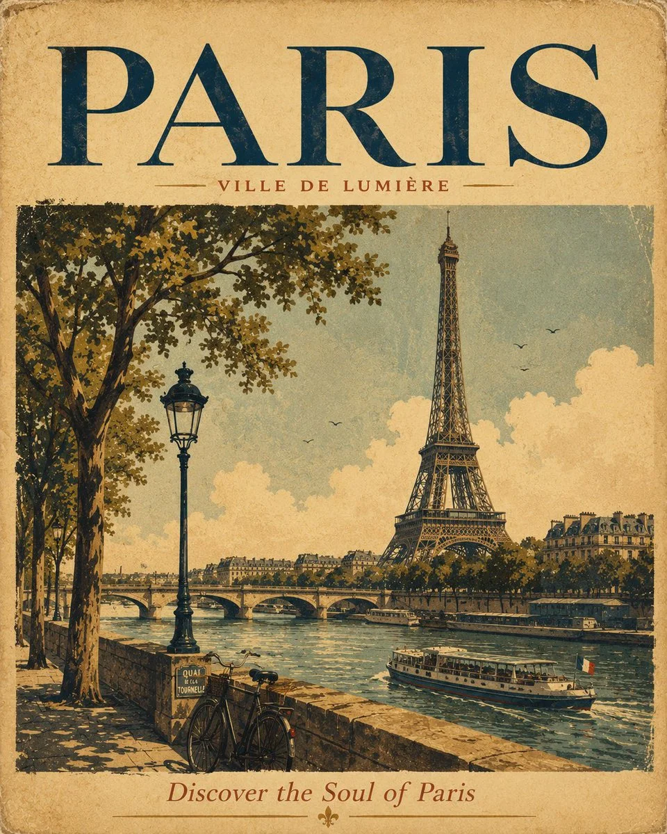 A vintage travel poster shows misty Alps with a lone hiker