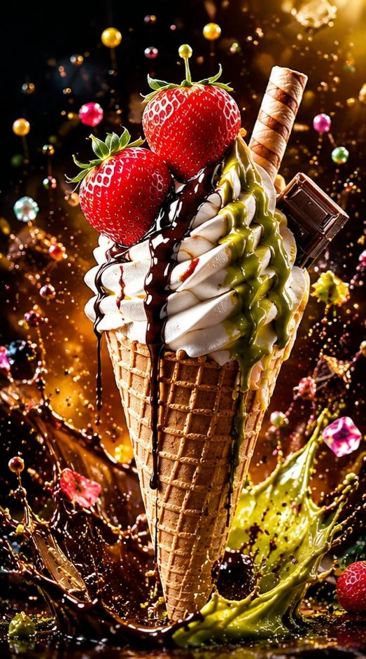 A waffle cone with vanilla swirl and glossy chocolate sauce