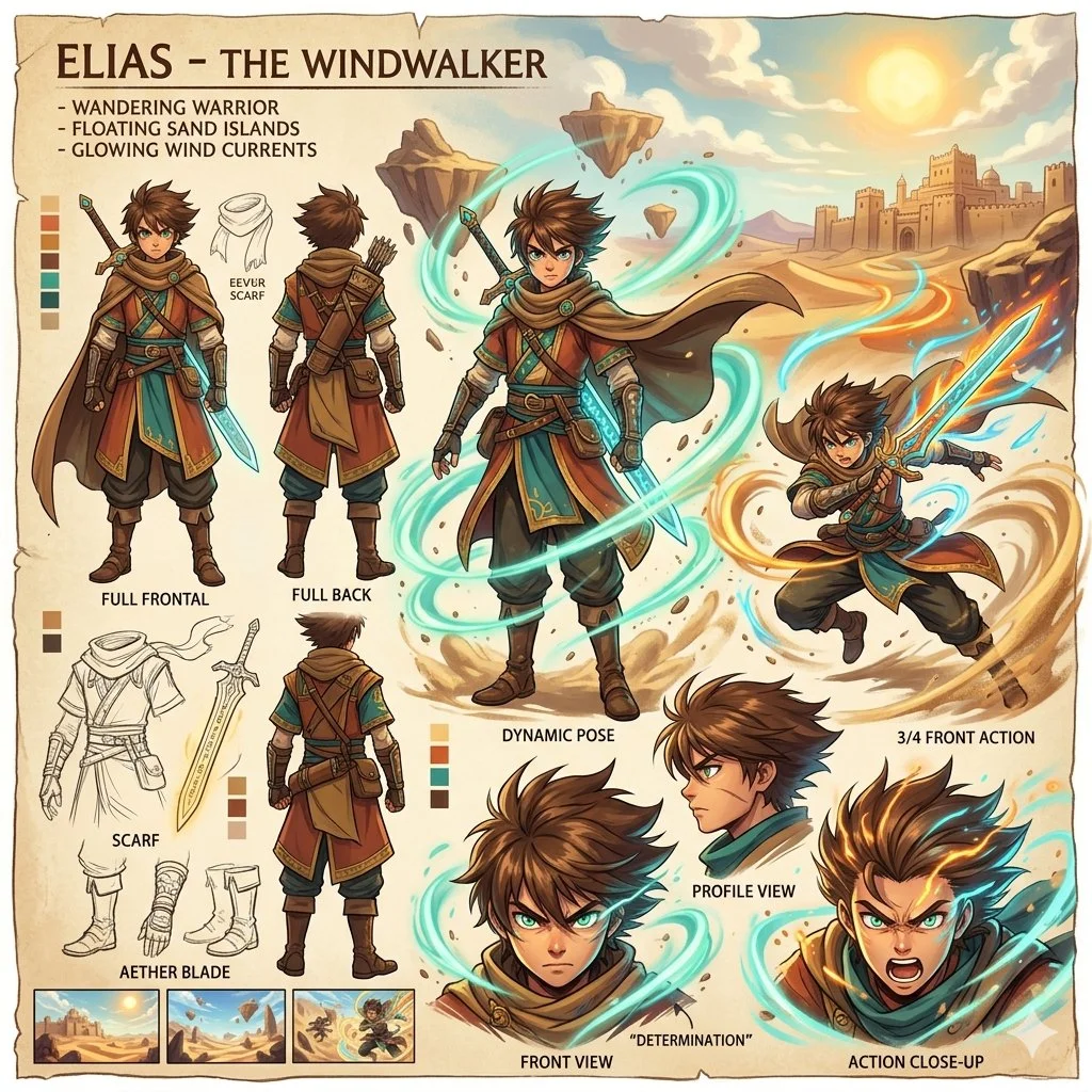 A wandering warrior glows with elemental energy in a desert