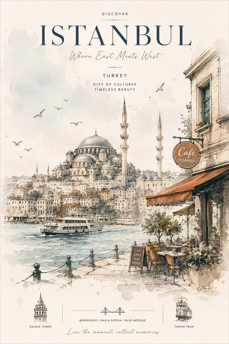 A watercolor travel sketch of Istanbul's skyline with soft ink washes
