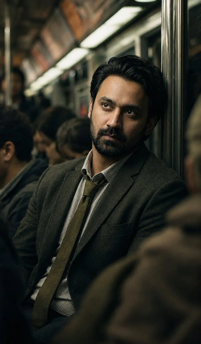 A weary man in a subway car stares into the distance lost in thought