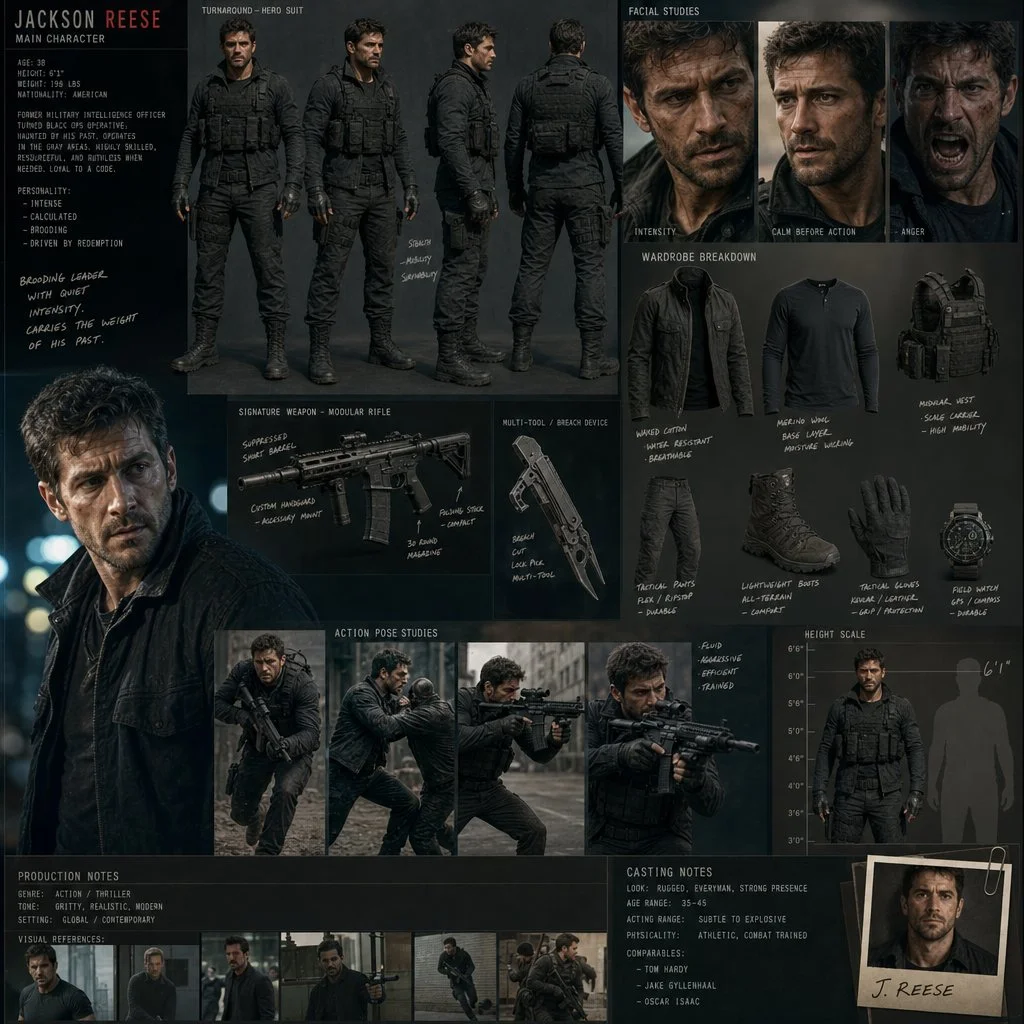 A weathered action hero prepares for battle in tactical gear