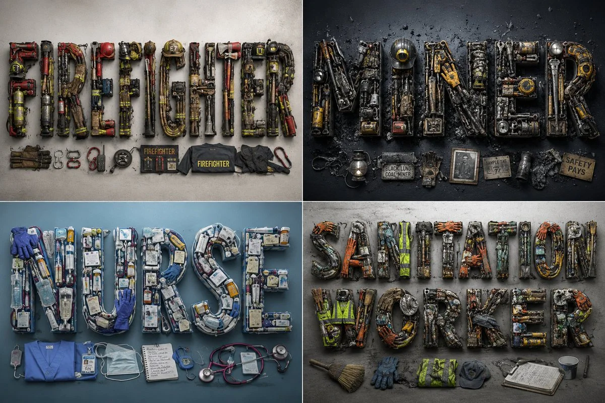 A welder's mask and tools form the word in 3D typography