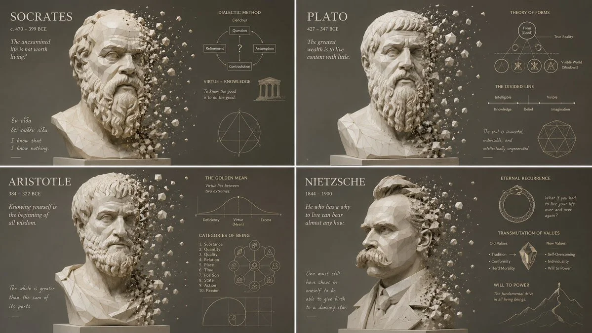 A white low-poly bust disperses into knowledge particles on panels