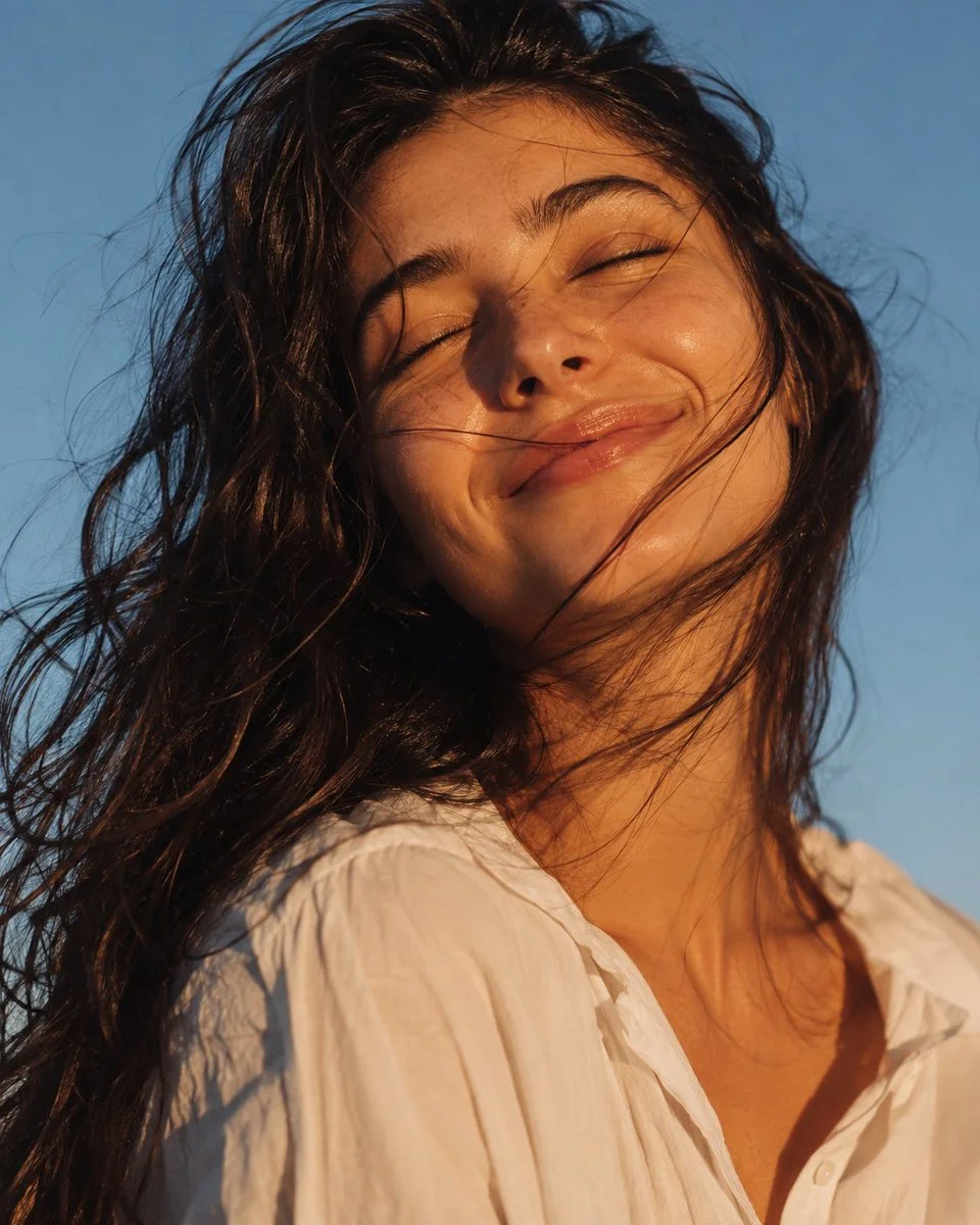 A wind-blown woman in white shirt smiles softly under clear blue sky.