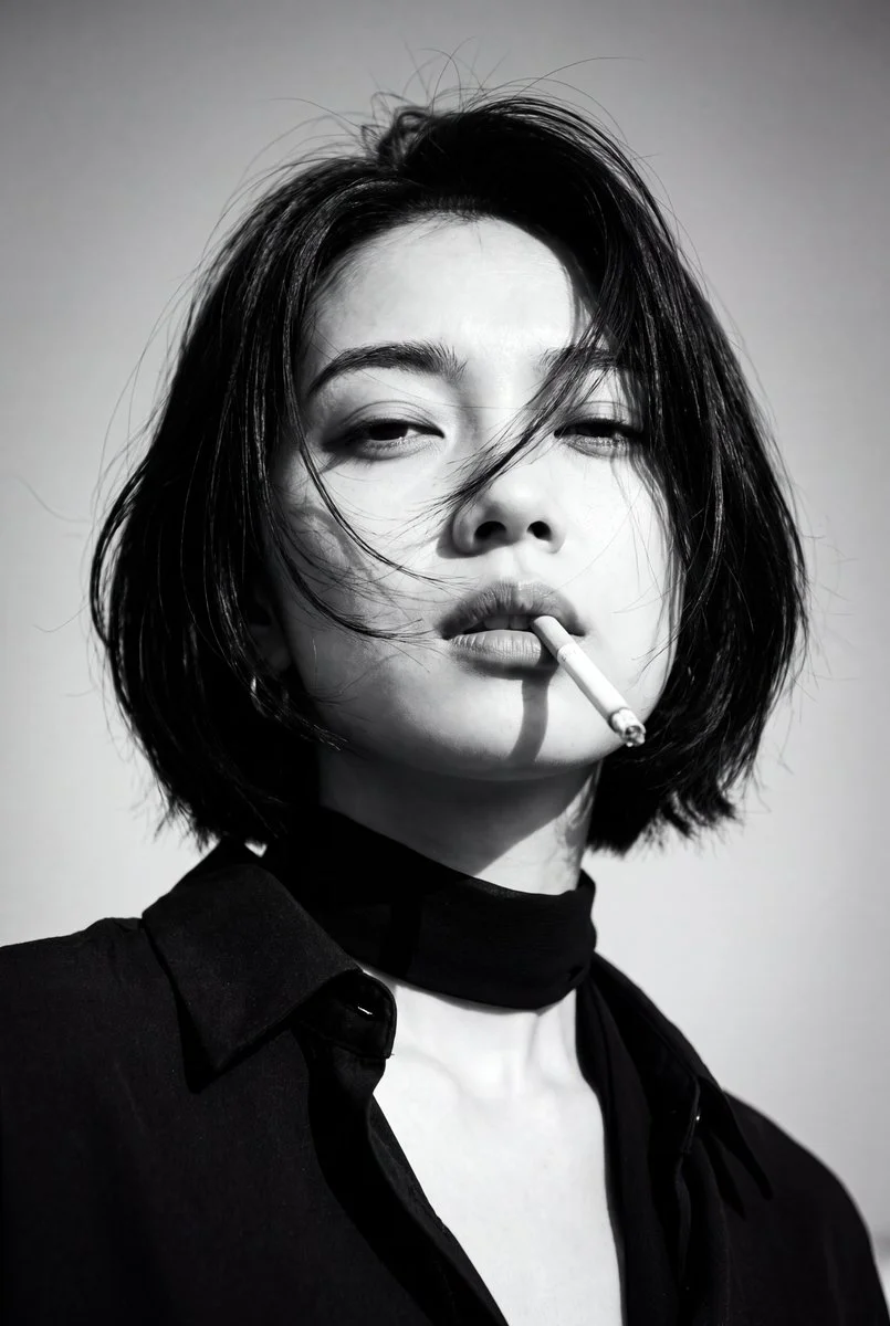 A windswept woman holds a cigarette in a 1970s noir portrait