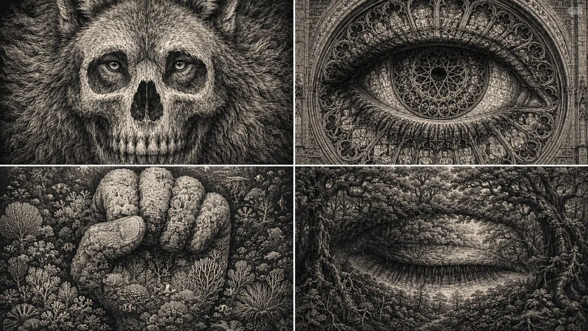 A wolf's face becomes a human skull when viewed from across the room