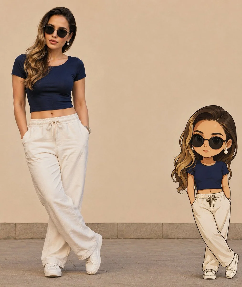 A woman and her chibi twin pose in matching outfits