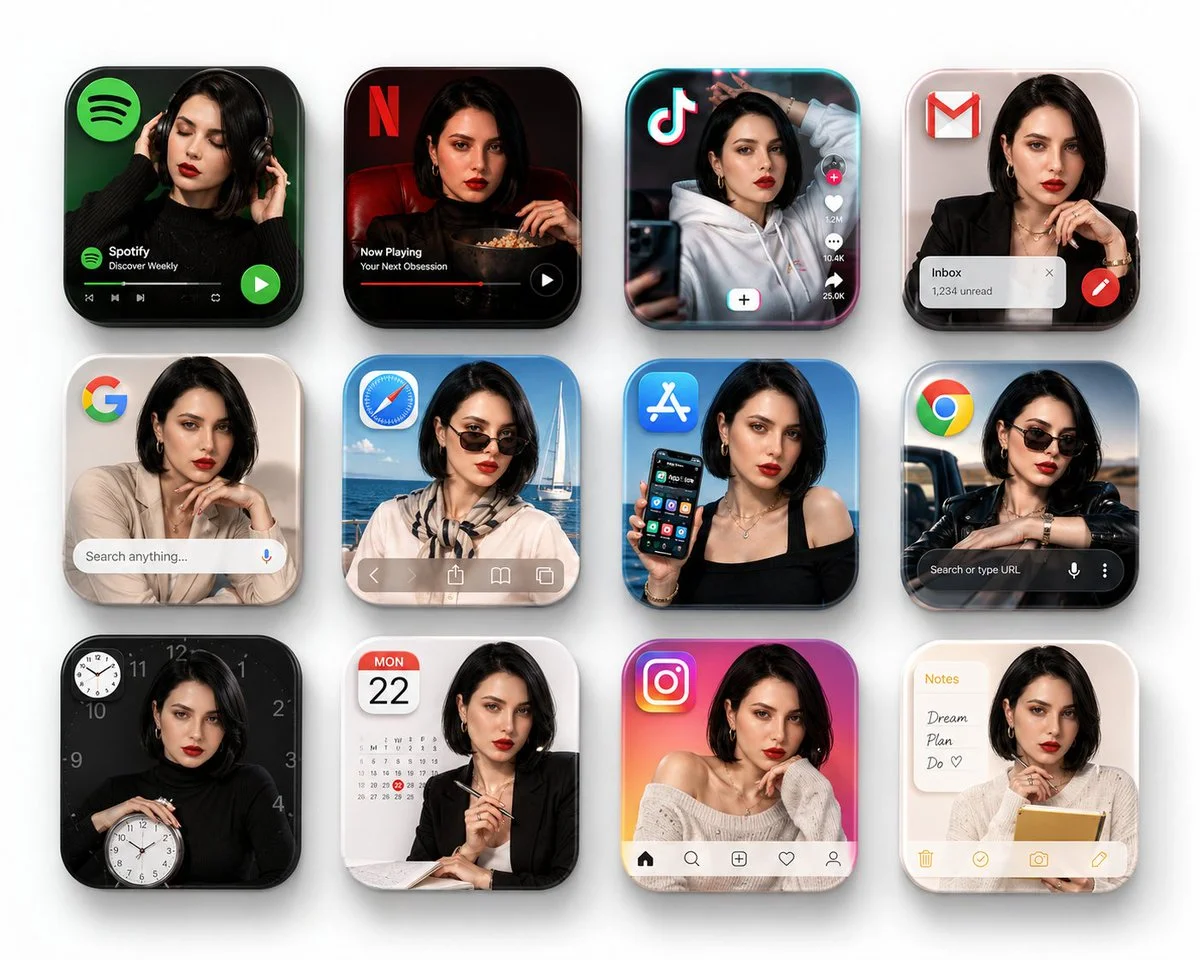 A woman appears in twelve glossy app icons on a white background