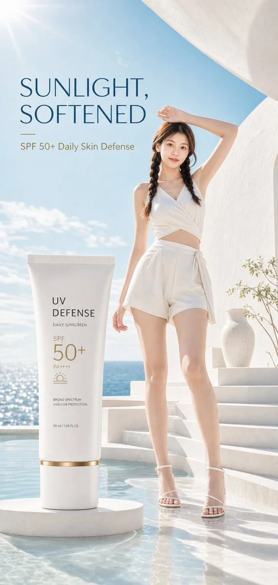 A woman applies SPF 50 sunscreen in a bright coastal studio setting