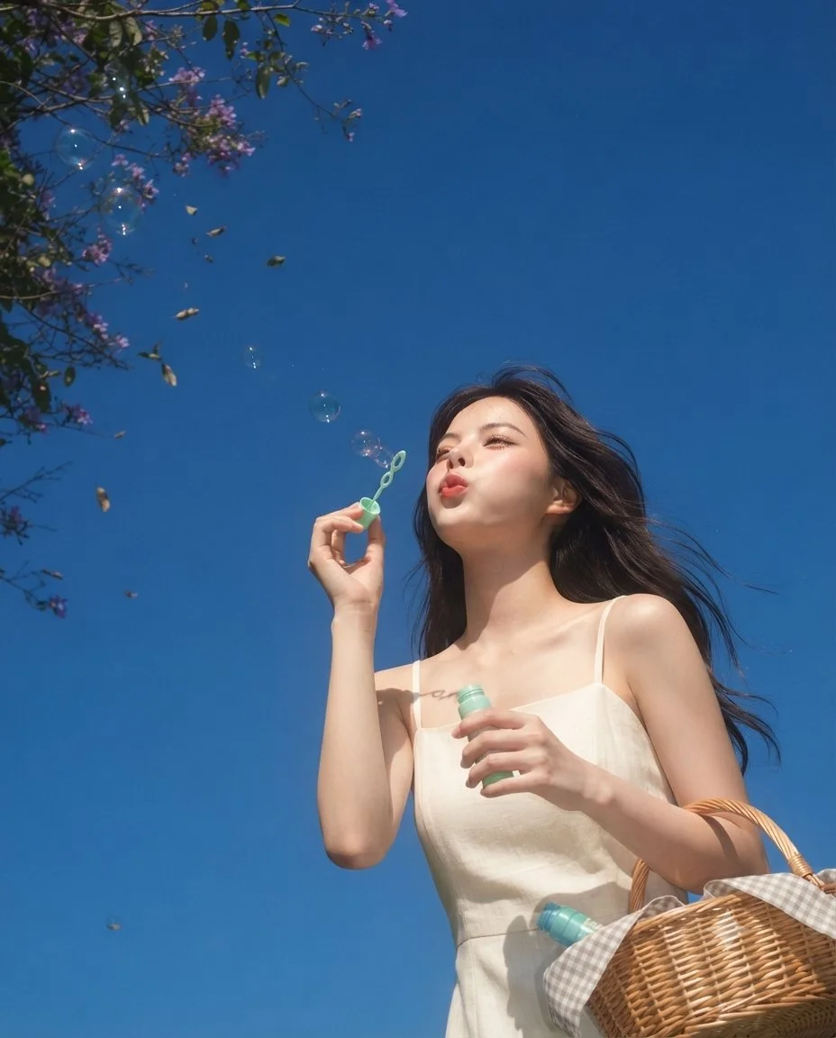 A woman blows soap bubbles under a deep blue sky