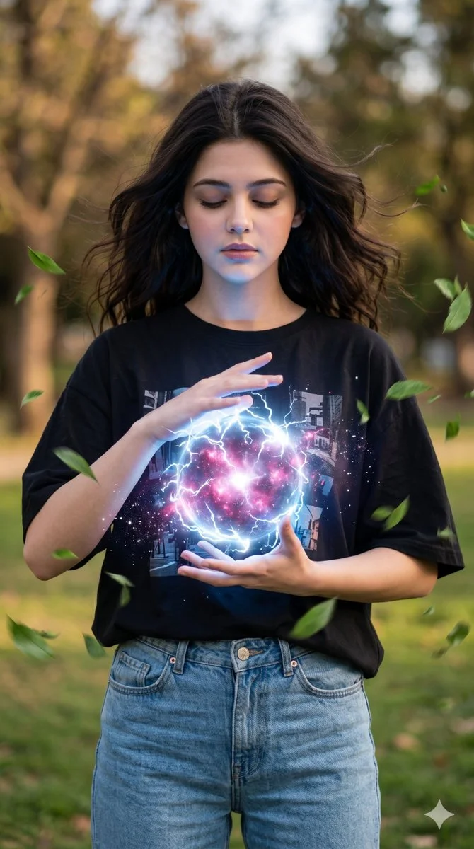 A woman controls lightning and leaves in a magical park