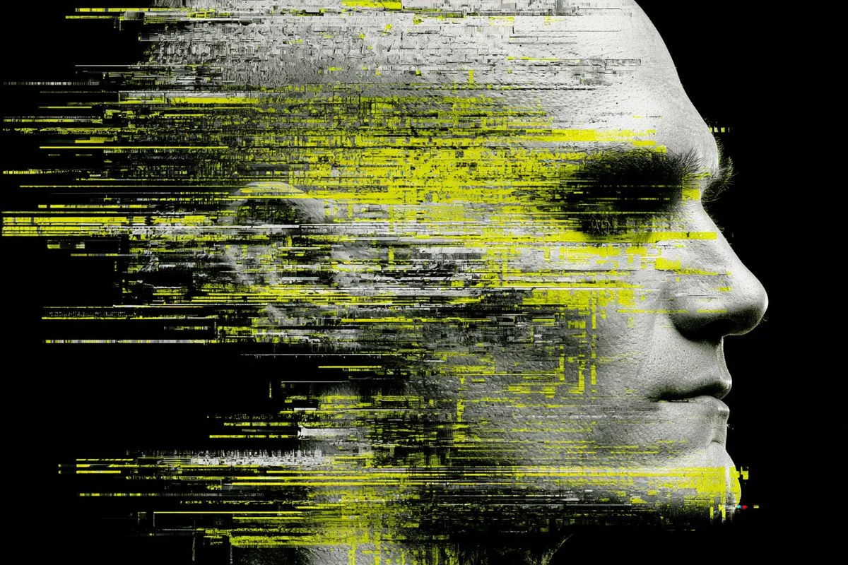A woman dissolves into pixelated glitch art chaos