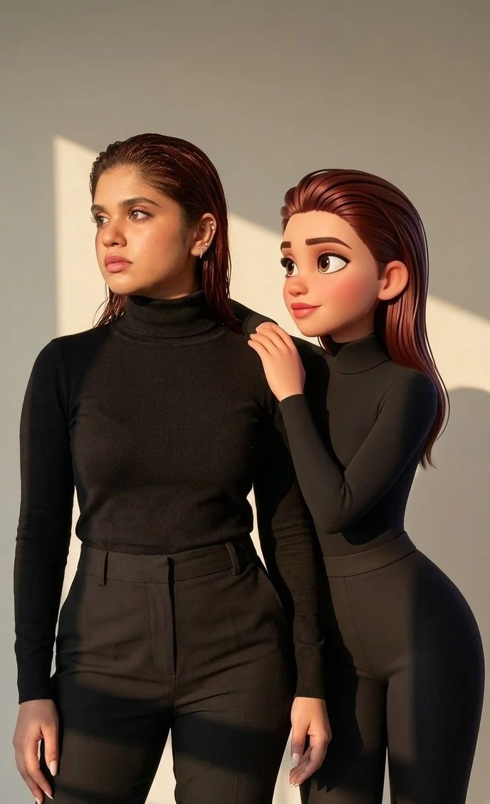 A woman explains to her Pixar twin that leather boots are not for borrowing.